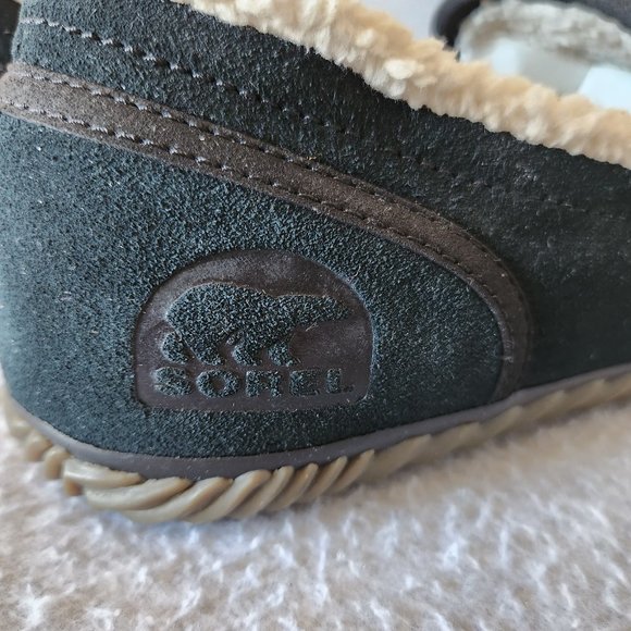 EUC Sorel Dude Moccasin Slipper Slip-On Black Suede Leather Wool Fleece Lining main image 9